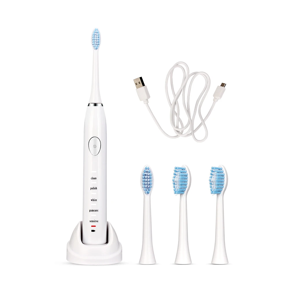 White AZ-8, 5 режимов, звуковая электрическая зубная щетка, USB, перезаряжаемая, водонепроницаемая, для чистки зубов, 4 головки, 30 с, напоминание, 2 мин, отключение, черный, белый цвет - Цвет: White