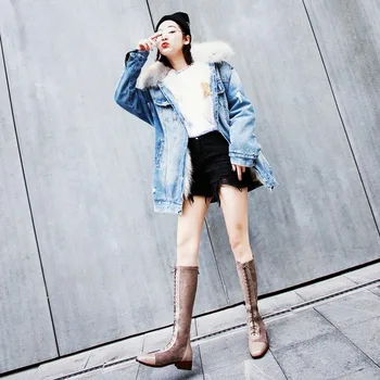 

Autumn Winter Patent Street Leather Patchwork Nubuck Womens Stretch Square Toe Lace Up Back Zip Female High Boots