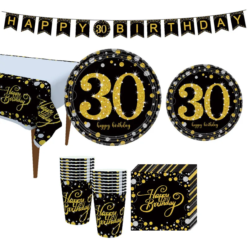 Одноразовая посуда набор для 30 40 50 60th День Рождения украшения черные бумажные золотистые тарелки чашка счастливый день рождения принадлежности
