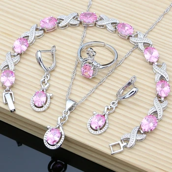 

10 Color Fashion Silver 925 Jewelry Sets for Women Pink Topaz Long Earrings Romantic Night Party Necklace Sets Gift For Her
