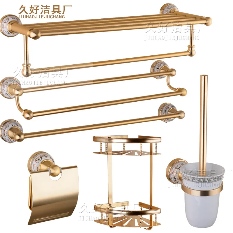 

Top Grade Alumimum Blue And White Porcelain Base Set Luxury Gold Color Bathroom Hardware Set Manufacturers Direct Selling