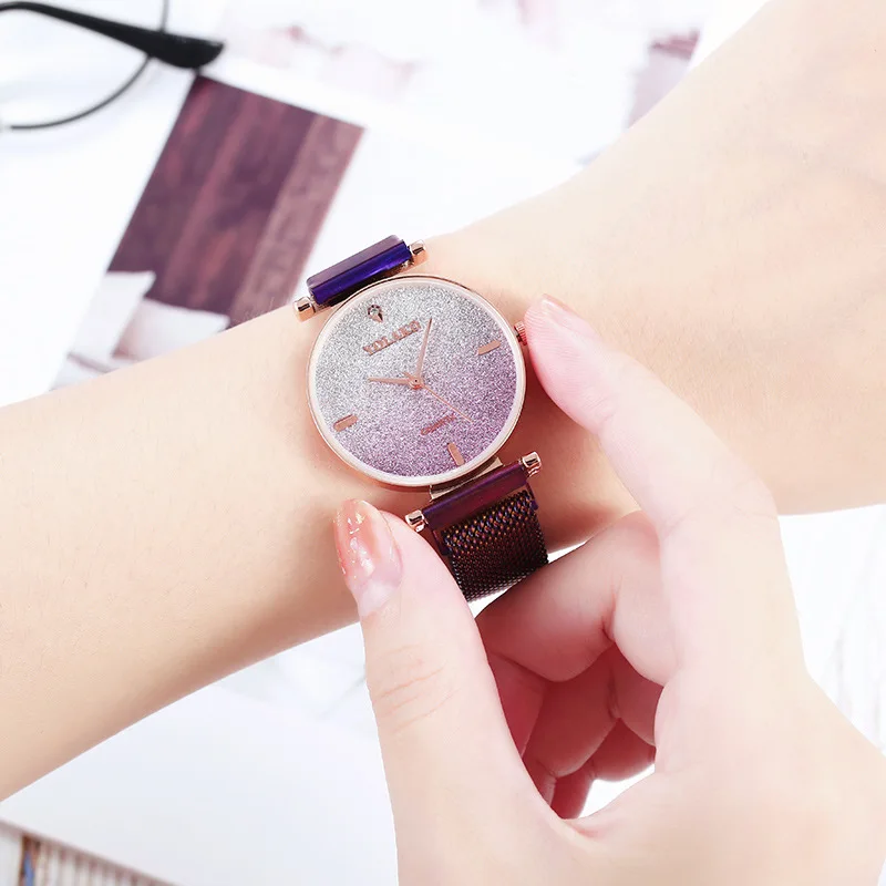 

Hot Women Magnet Buckle Gradient Starry Sky Diamond Watch Luxury Ladies Stainless Steel Mesh Belt Quartz Watches Gift Clock