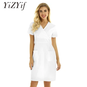 

Women Nurse Dress Uniform Short Sleeves V-neck Mock Wrap A-line Dress Hospital Medical Doctor Scrub Lab Coat Adult Nurse Costume