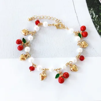 

DI-397 Fashion Jewelry Imitation Pearl Beads Chains Bracelet Golden Heart Love Red Cherry Fruit Charms Bracelets for Women Girls