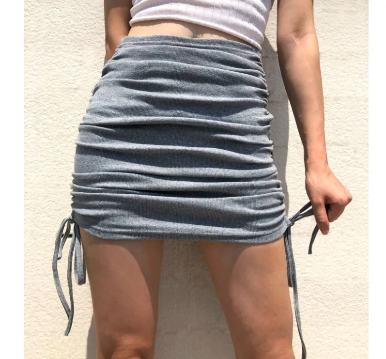 

Женская трикотажная эластичная плиссированная юбка, приталенная Регулируемая юбка на завязках сбоку, для девушек, серого цвета, весна-осень 2021