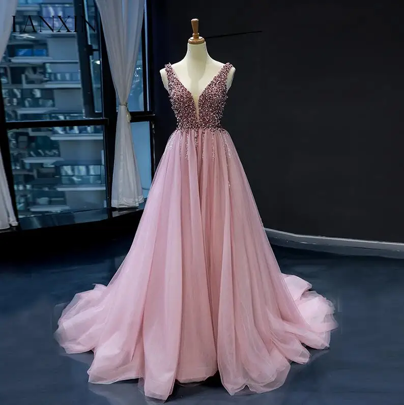 Розовые вечерние платья с бусинами, Robe de Soiree, v-образный вырез, с коротким шлейфом, длинный тюлевый Выпускной, платья для женщин, торжественное Пышное Платье - Цвет: same as picture