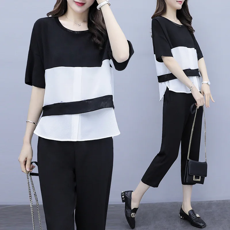 

2019 Summer Wear New Style Large Size Dress-Style Contrast Color Joint Chiffon Tops Capri Pants Cool Two-Piece Women's Fashion