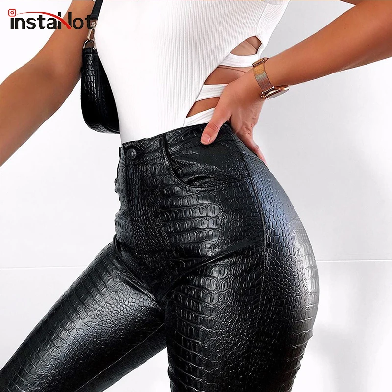 InstaHot/черные узкие брюки из искусственной кожи Женские повседневные Элегантные