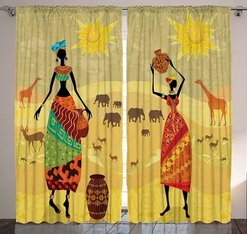 

Safari Curtains Tribal Women Wild Animals Giraffe Elephants Deers Antlers Desert Bohemian Living Room Bedroom Window Drapes