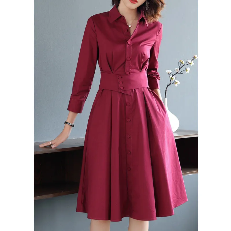 

Europe And America New Style Ninth Sleeve Shirt Dress Waist Hugging Slimming Elegant Big Skirt over-the-Knee Medium-length Dress