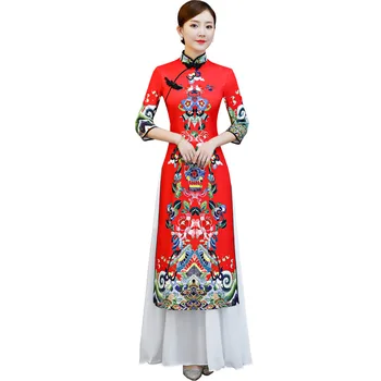 

Plus Size 3XL 4XL 5XL Chinese Traditional Women Aodai Print Flower Qipao Vintage Cheongsam Novelty Chinese Formal Dress