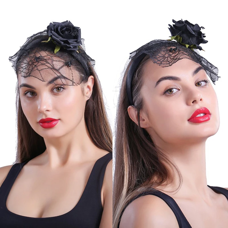 

Black Simulation Rose Flower Spider Mesh Singular Styling Halloween Headband