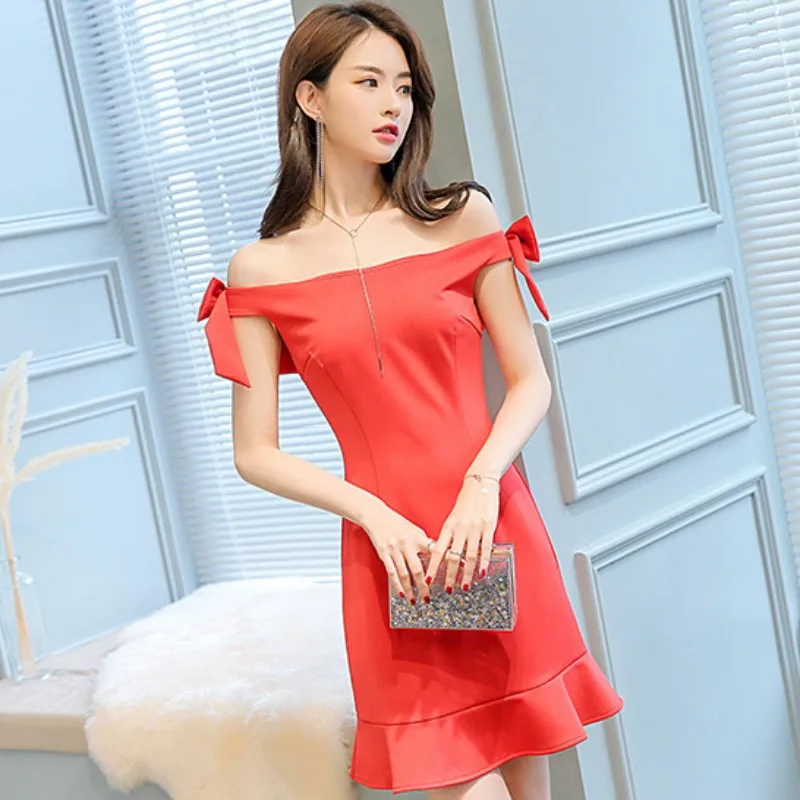 

Solid Slash Neck High Waist Sleeveless Summer Women's Fashion Office Lady Bow Above Knee Mini Trumpet Dress