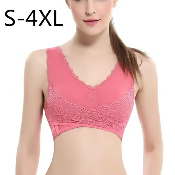 

S-4XL Women Underwear Sexy Lingerie Lace Solid Color Front Cross Side Buckle Wireless Push up Breathable Sleep Sports Bra
