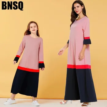 

Fashion Mother and Daughter Autumn Long Dress Girls and Mom Pink Black Color Block Maxi Dresses O Neck Plus Size Fall 2019 New