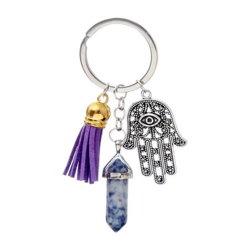 Vintage Eye Evil Hand Tassel Keychain For Car Bag Key Ring Natural Stone Hexagonal Pendulum Point Reiki Chakr Couple Chains | Украшения и
