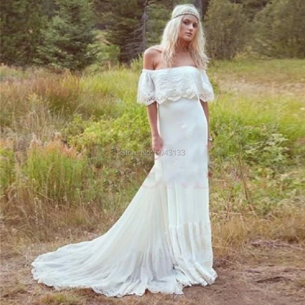 

Romantic Boho Country Forest Wedding Dresses Chiffon Lace Wedding Gown Simple Beach Bridal Dress Off Shoulder Bridal Gowns 2020