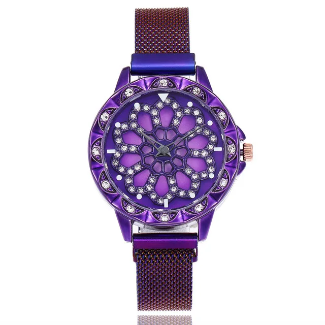 purple Счастливый женский раскошный ремешок для часов розовое золото вращающаяся шкала кварцевые часы, модный магнитные наручные часы relogio feminino - Цвет: purple
