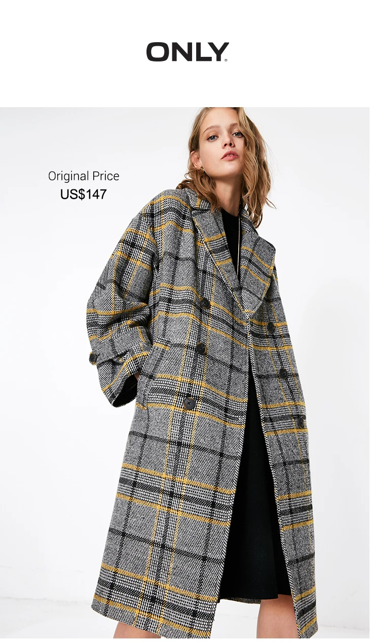 ONLY женское двубортное клетчатое пальто-Тренч с v-образным вырезом пальто женское куртка женская| 119136501