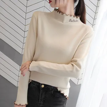 

Autumn Winter Women Half High Collar Sweater Fashion Lotus Leaf Sleeve Knitted Tops For Ladies Letter Print Slim Pullovers