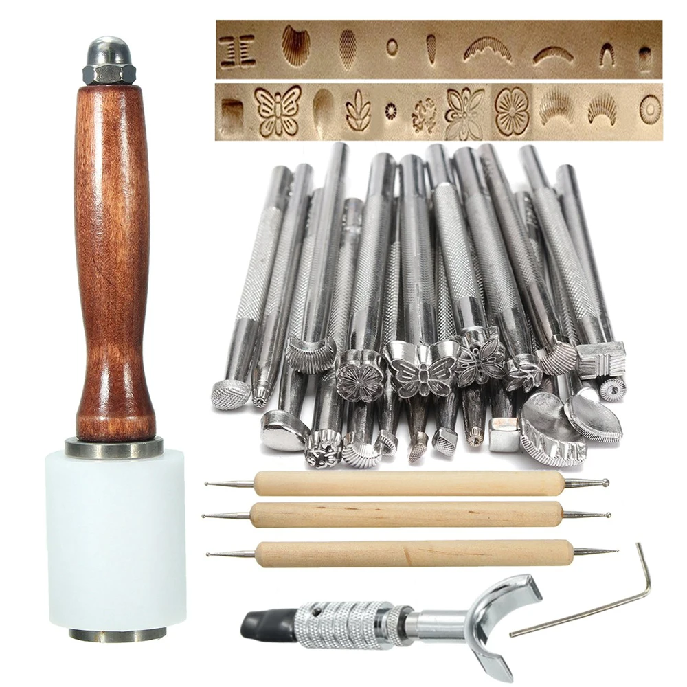 

25Pcs Tool Kit Tools Manual Leather Craft Stamping Carved Wooden Hammer Embossing Tools Kit Set