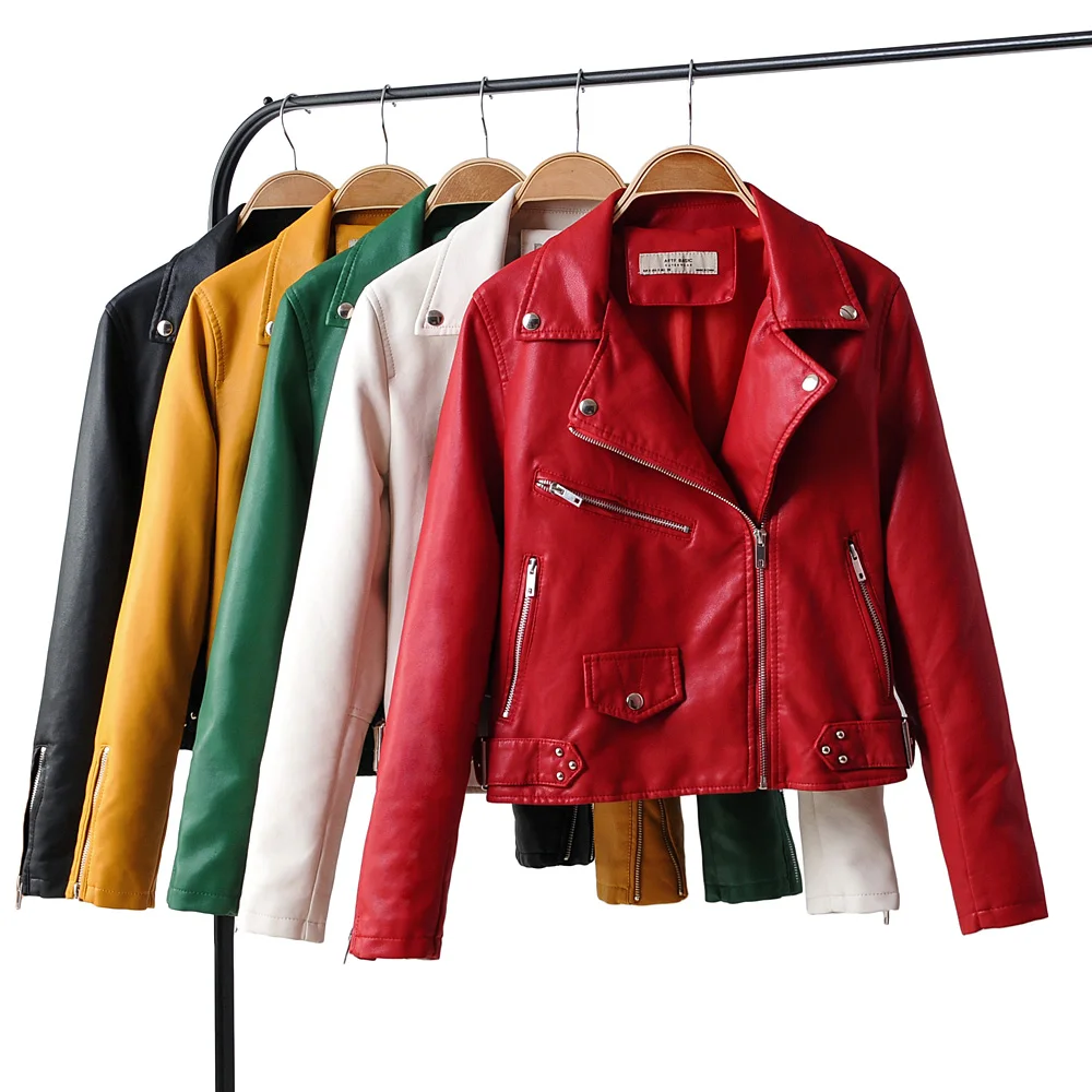 

Motorcycle PU Leather Jacket Women Winter Autumn yellow Turn-down Collar Faux Leather Jacket Zipper pocket Basic Biker Jackets