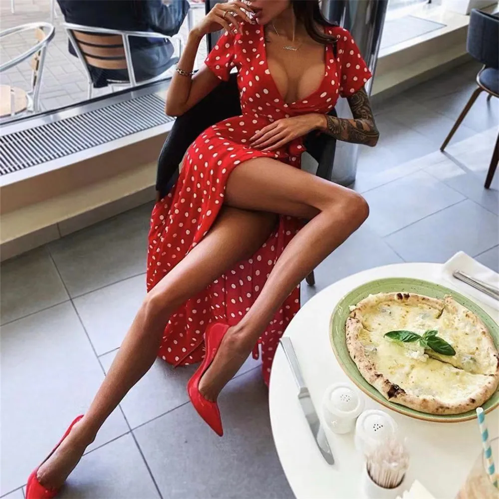 Yesexy сексуальные женские праздничные платья в горошек с глубоким v-образным вырезом и коротким рукавом с высоким разрезом, женские макси платья VR20221