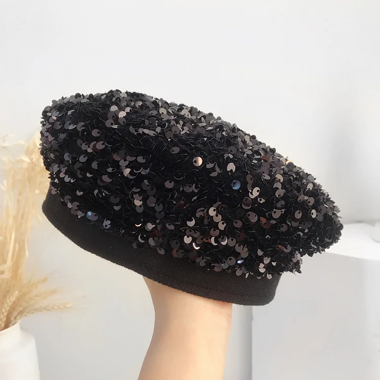 Autmn women lady casual cotton sequins beret cap Girl punk
