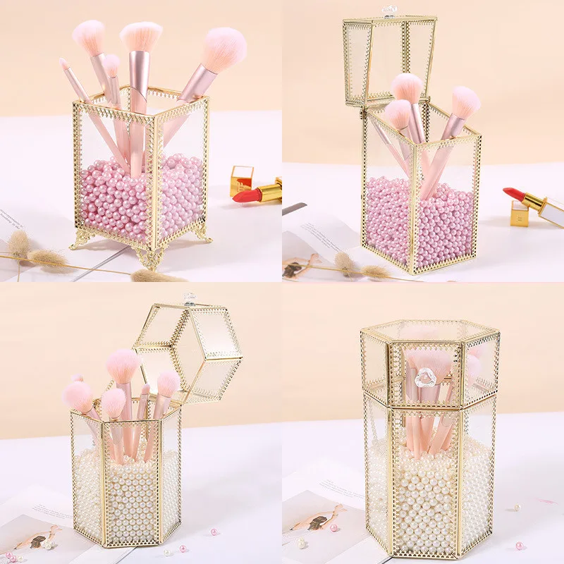 

Glass Makeup Brush Box Organizer Desktop Makeup Pearls Cosmetic Storage Brushes Box Case Stand Rack Cosmetic Storage Box Display