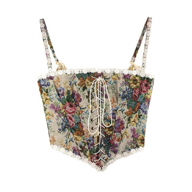 2021 Women Elegant Designer French Vintage Print Halter Tops Chic Bandage Floral Corset Shirts Sexy Style Party Club Ladies Top