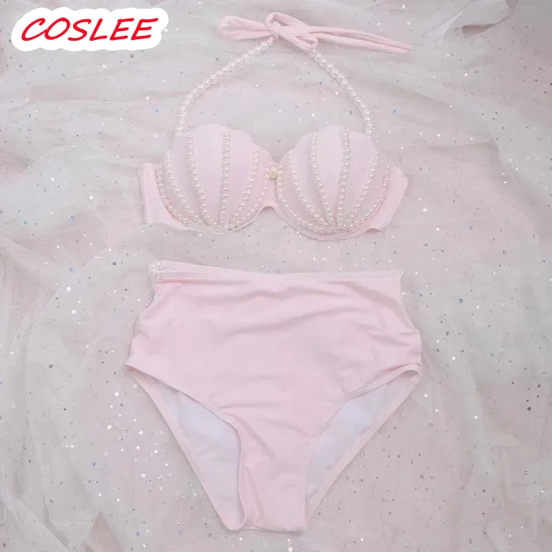 

COSLEE [STOCK] NEW Cute Swimsuit Mermaid Bikini Swimwear Pink Shell Bra Pearl Decoration Summer Lolita Sweet Clothing