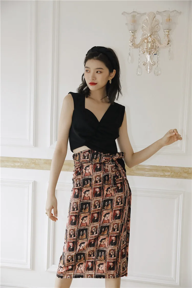 CHEERART Vintage Chiffon Skirts Womens Print High Waist Beach Wrap Skirt Lace Up Ladies Bohemian Skirt Straight Knee Length
