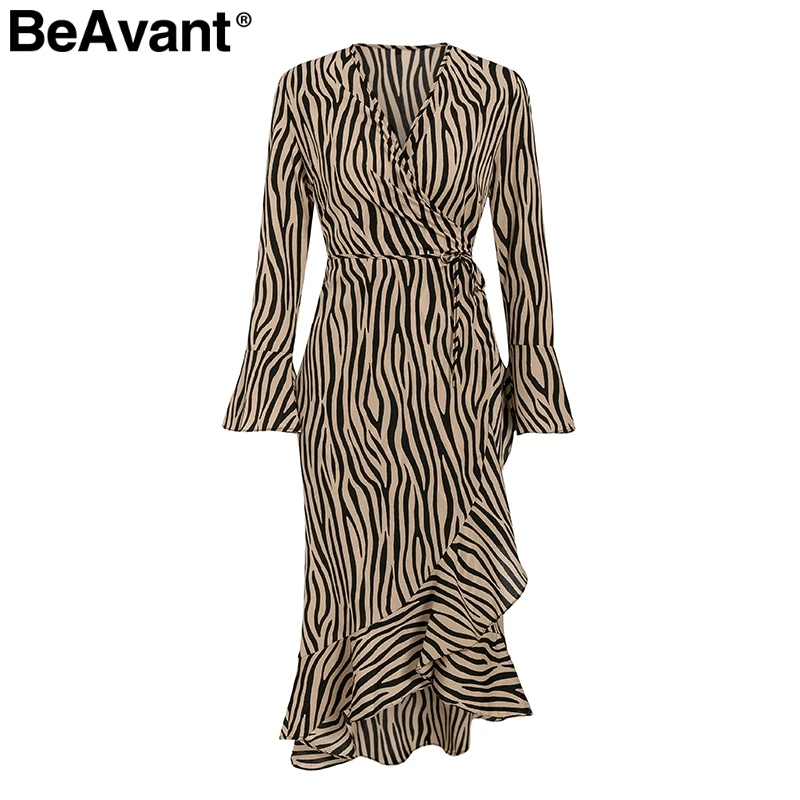 BeAvant винтажное платье-миди в полоску с зеброй женские платья с v-образным вырезом и длинными рукавами на шнуровке осень зима женские вечерние платья