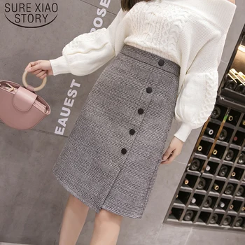 

Autumn plaid knee length women's skirts 2019 winter high waist skirt female ladies office business buttons midi jupe 7388 50
