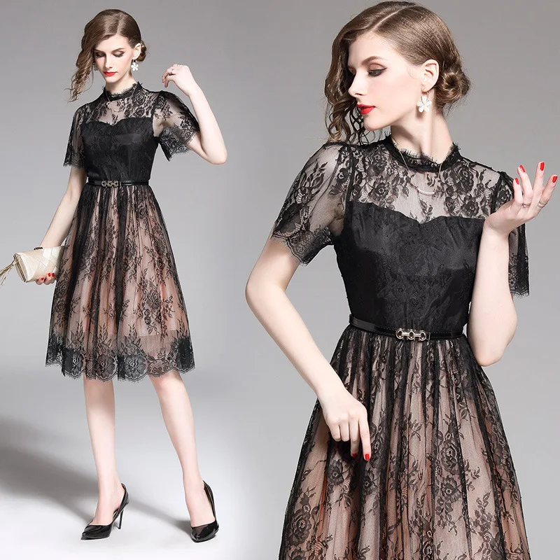 

Ozhouzhan 2019 New Style WOMEN'S Dress Gauze Joint Lace Short Sleeve Waist Hugging Mid-length A- line Dress-