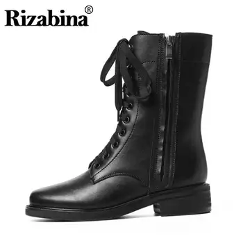 

RIZABINA Women Half Short Boots Genuine Leather Winter Autumn Flats Shoes Women Casual Zipper Lace Up Party Footwear Size 34-42