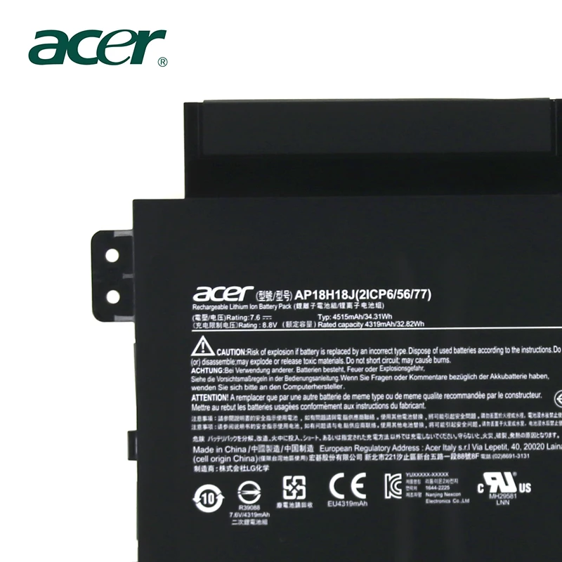 Аккумулятор для ноутбука acer AP18H18J 7,6 V 34.31Wh 4515mAh