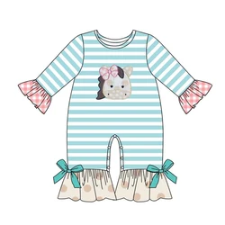 Vêtements d'été pour filles, barboteuse à rayures bleues, manches longues, rose, nœud papillon, tête de cheval, motif brodé, pour bébés 