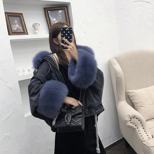 black blue Женская зимняя джинсовая куртка OFTBUY, с натуральным мехом лисы на воротнике и манжетах и съемной подкладкой из кроличьего меха, теплая свободная парка, уличная одежда - Цвет: black blue