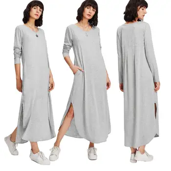 

New Women Long Sleeve Split Dress Ladies O-Neck Casual Evening Long Maxi Dress Casual Loose 2019 Autumn Dress Pockets Fashion