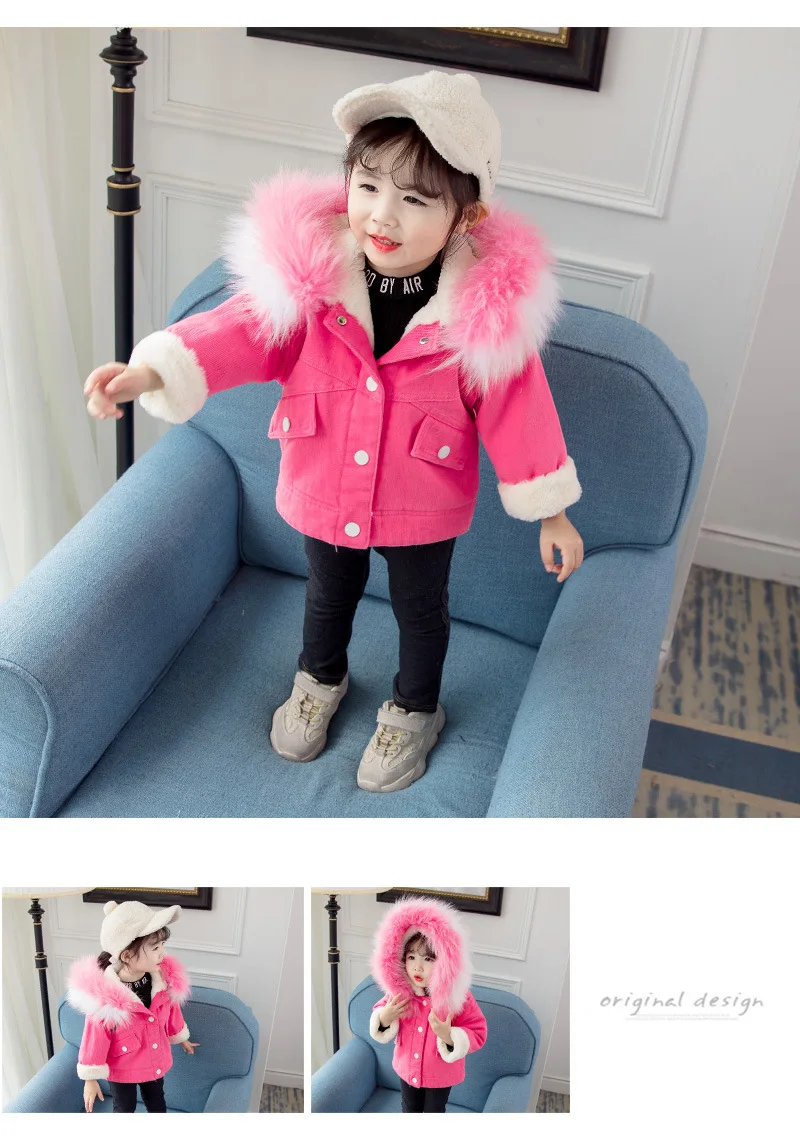 Anlencool/Вельветовая куртка для девочек коллекция года, новая зимняя детская одежда корейское детское утепленное джинсовое пальто с большим меховым воротником и рисунком