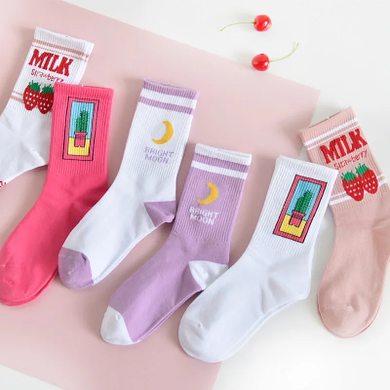 

Women's Socks Japanese Cotton Colorful Cartoon Cute Funny Happy Kawaii Moon Strawberry Cactus Socks for Girl Christmas Gift