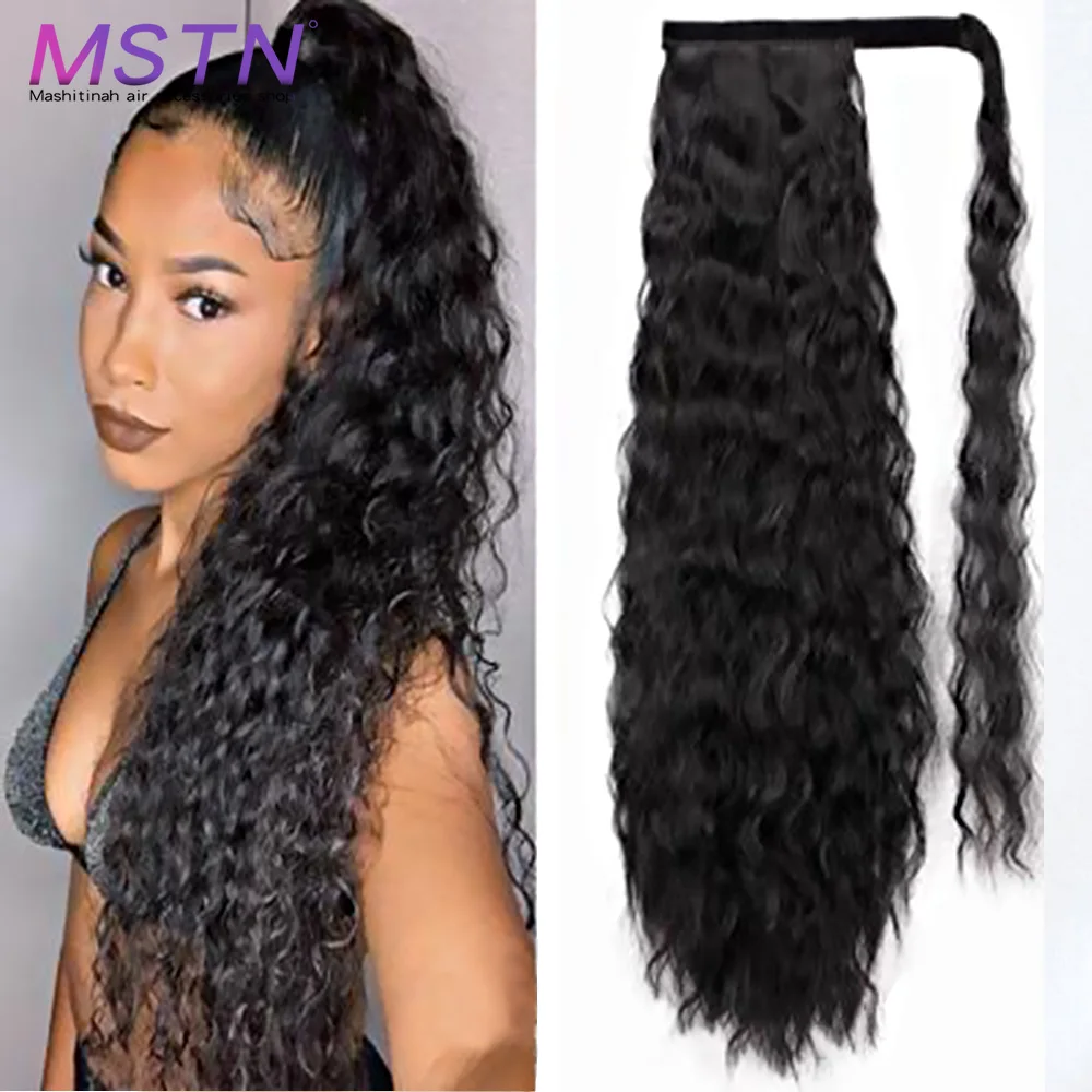 

MSTN Long Wavy Ponytail Extension Black Brown for Women Synthetic Wrap Around Magic Paste Curly Ponytail Corn Wave Clip in Hair