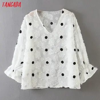 

Tangada women embroidery ruffle dots shirts o-neck female casual summer tops blouses SL280