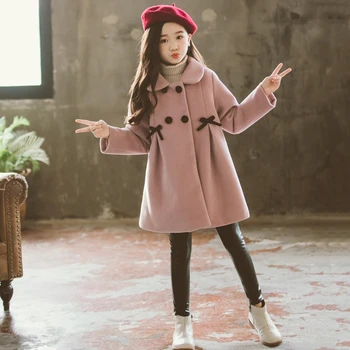 

Children Winter Coat For Girls Clothes Bowknot Thicken Long Woolen Jacket For Teenage Girl Double-breasted Casual Kids Outerwear