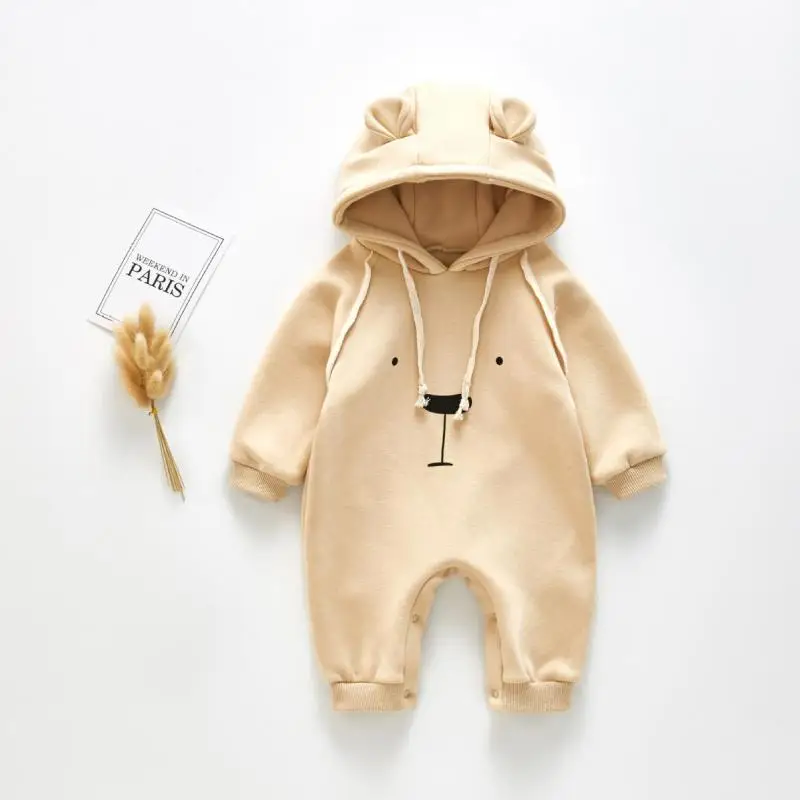 Ins Autumn And Winter Newborn Rompers Thickened Fleetened Korean Tie Bear Ear Printed Bear Loose Suit Jumpsuits Climbing Suits