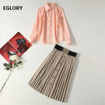 

New Korean Fashion Clothing Suits 2020 Spring Office Lady Polka Dot Print Long Sleeve Shirts+Mid-Calf Pleated Skirts Set 2 Piece