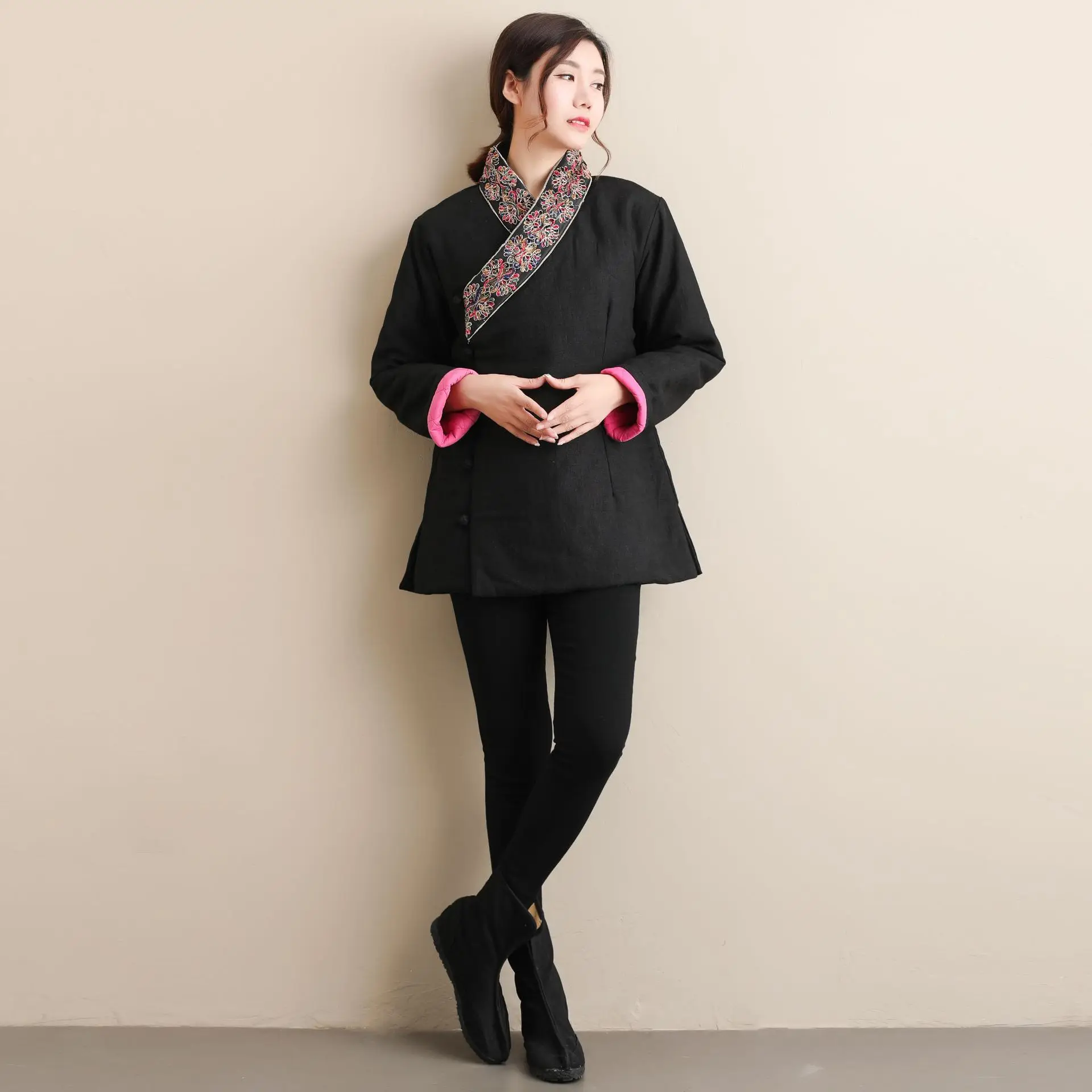 

2019 Winter New Style Lace-up Short Cotton-padded Clothes Ethnic-Style Embroidered Ramie WOMEN'S Cotton-padded Jacket Stand Coll