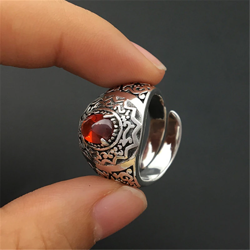 

Solid Fine Sterling Silver 990 Rings Men 100% Real Silver Set Red Stone Arabic Ottoman Turkish Style Vine Band Ring Men Jewelry