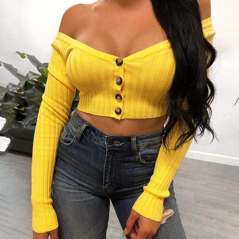 2019 Fashion Solid Women Sweaters Button Long Sleeve V Neck Tops Sexy Off Shoulder Knit Sweater | Женская одежда